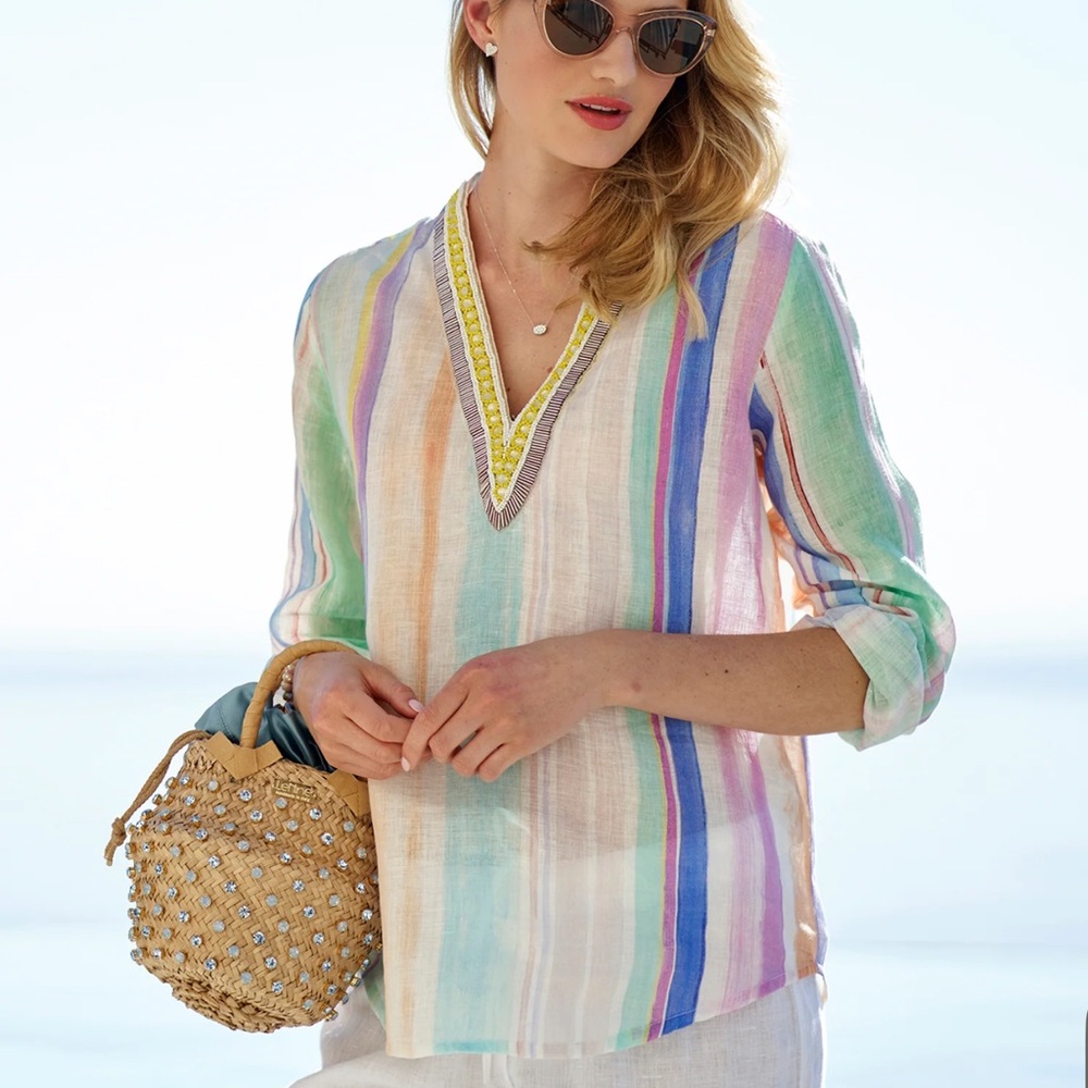 120% LINO Linen Beaded Colorful Blouse Size 48/ XL